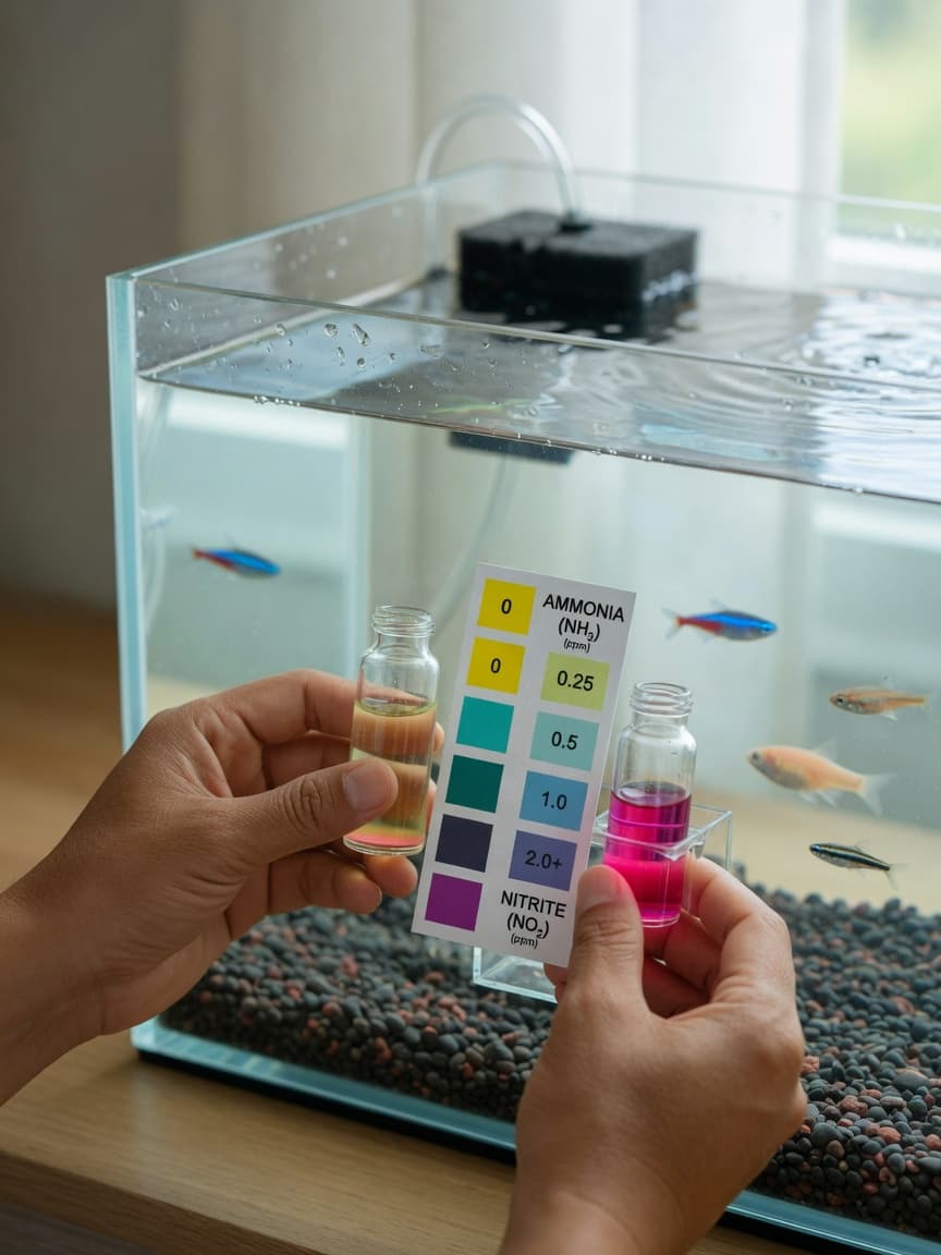 Fishkeeper testing aquarium water quality with liquid test kit vial held against color comparison chart next to glass tank