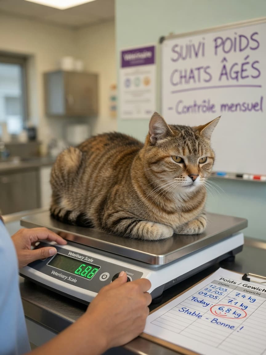 Senior tabby cat being weighed on a digital scale at a veterinary clinic