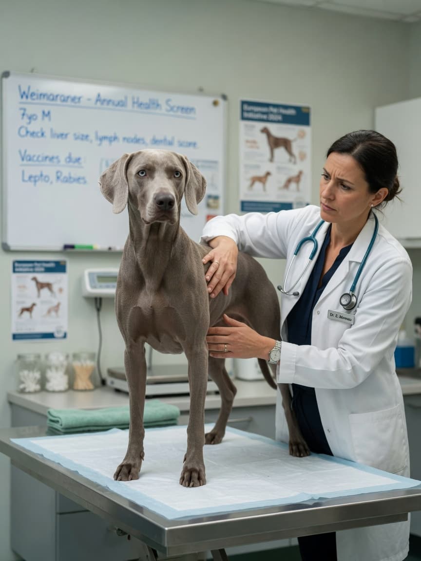 Silver-grey Weimaraner receiving veterinary health screening examination from a female vet at a clinic
