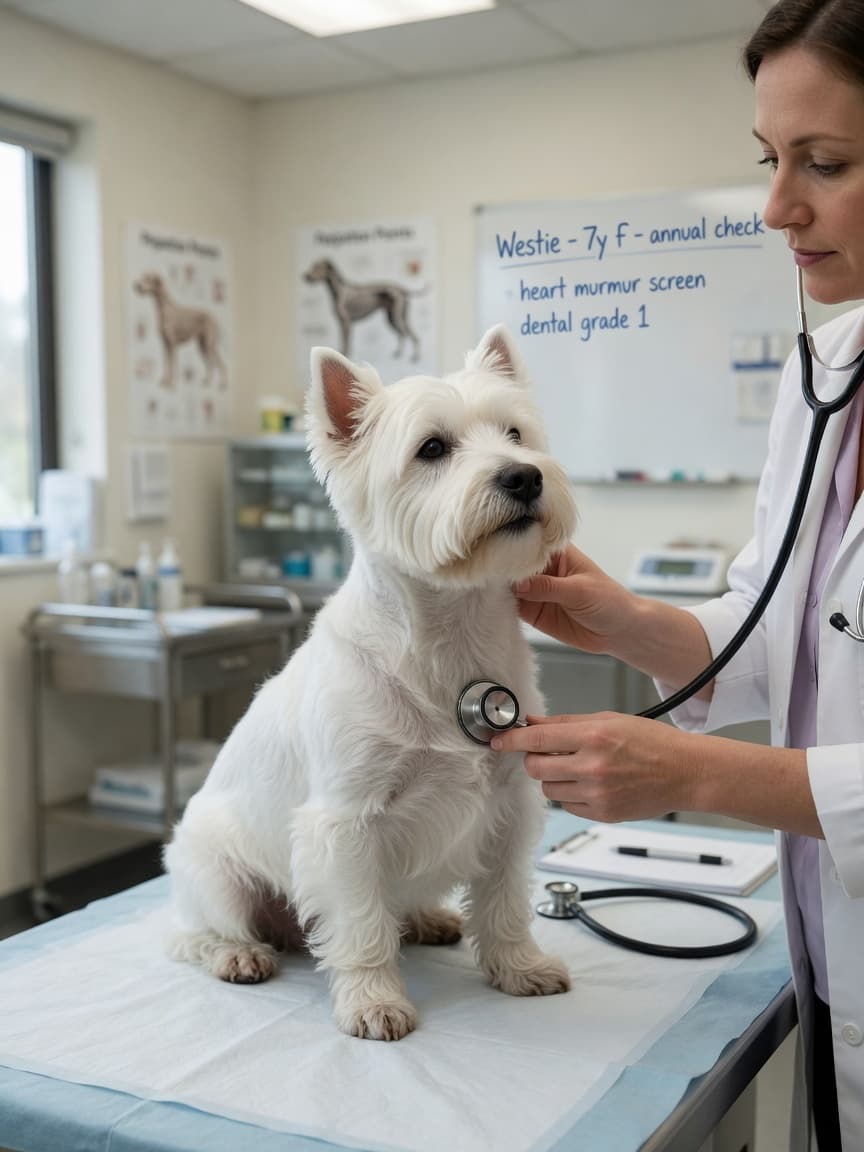 West Highland White Terrier undergoing veterinary chest examination with stethoscope
