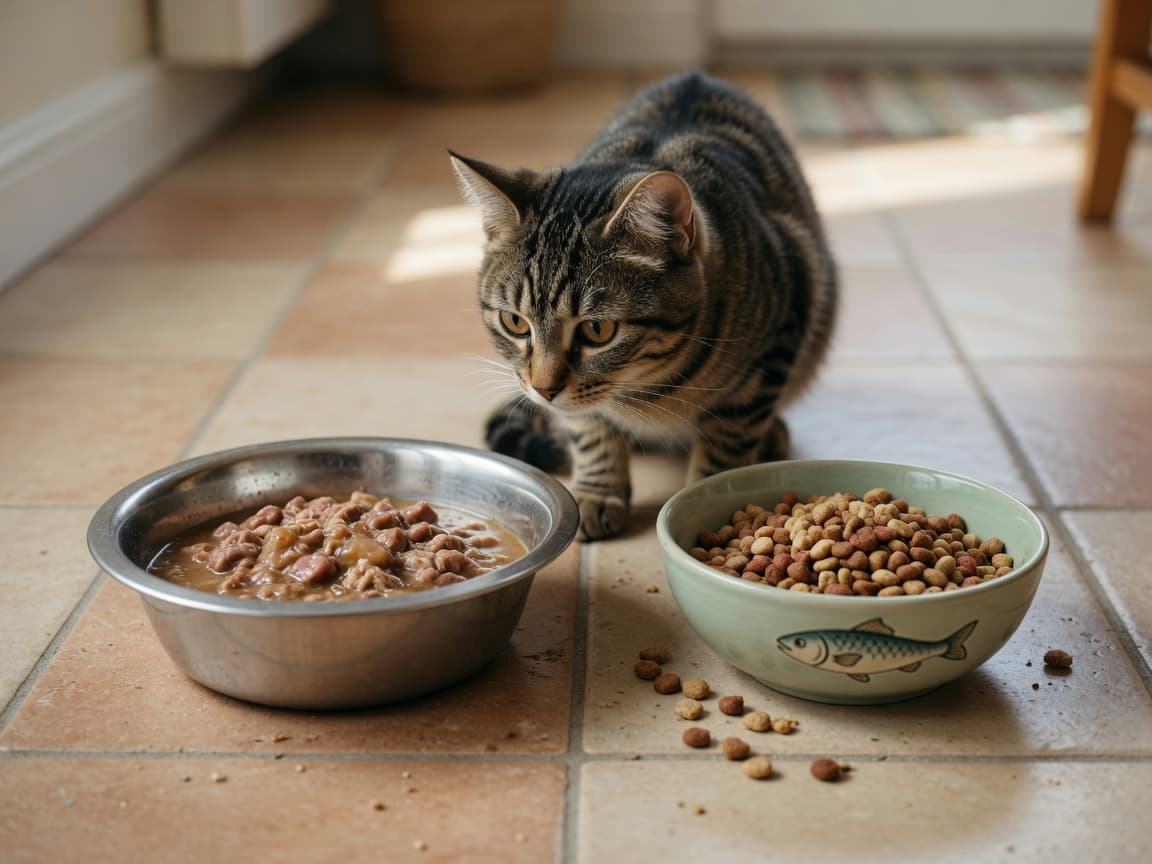 Cat viewing wet and dry food bowls side by side on kitchen floor
