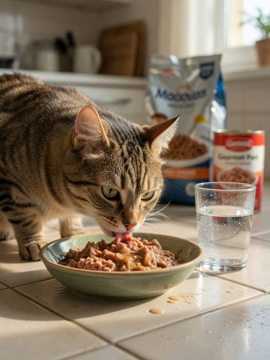Tabby cat eating wet food from a bowl with fresh water nearby, illustrating proper feline hydration and nutrition.