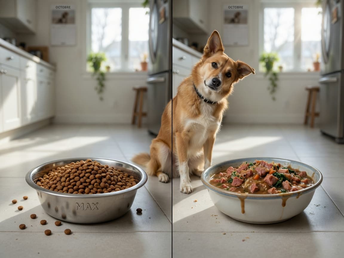 Split-screen of dry kibble and wet dog food bowls with a dog considering both options