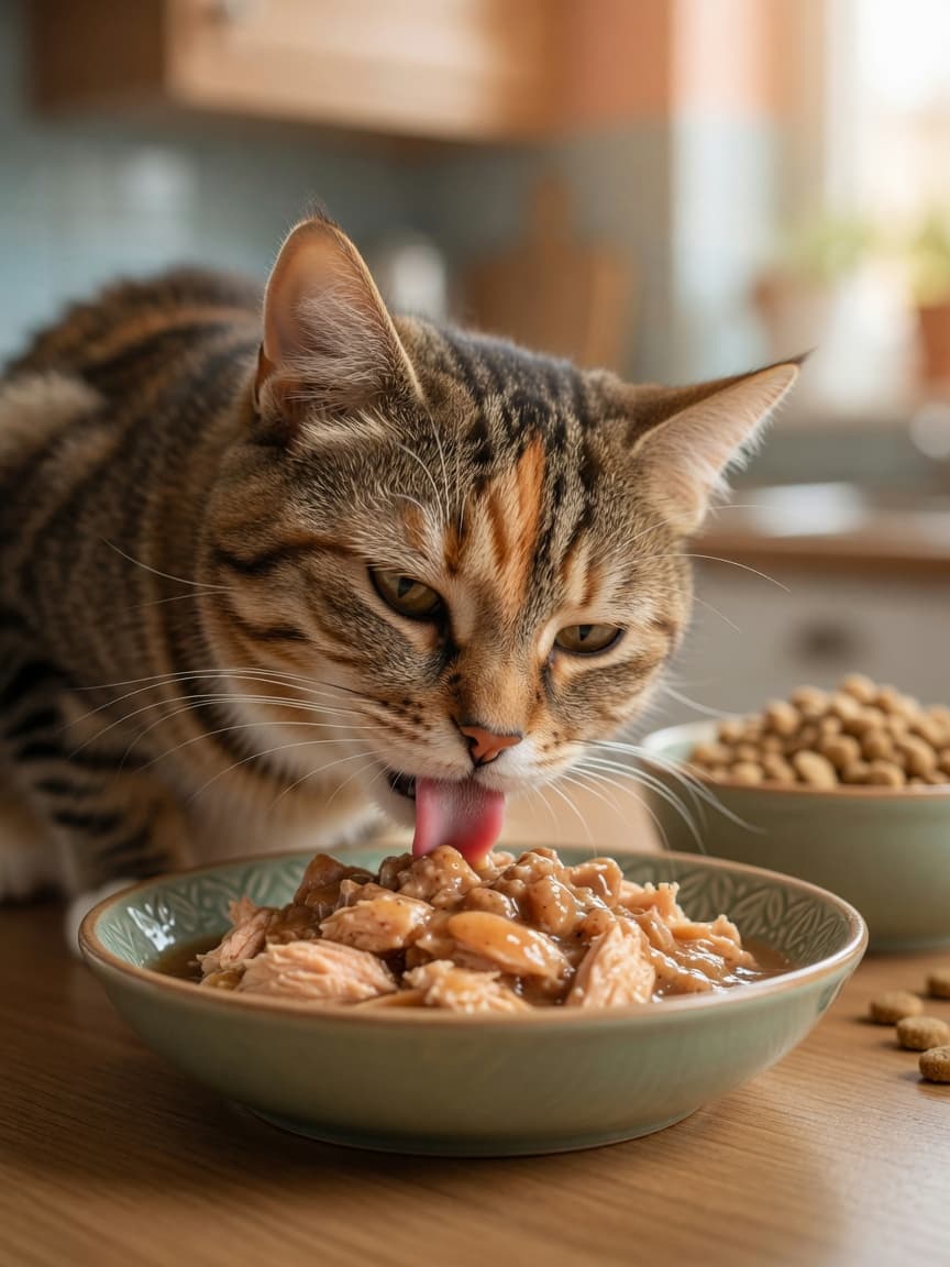 A tabby and orange cat eating wet food from a bowl with dry kibble blurred in the background