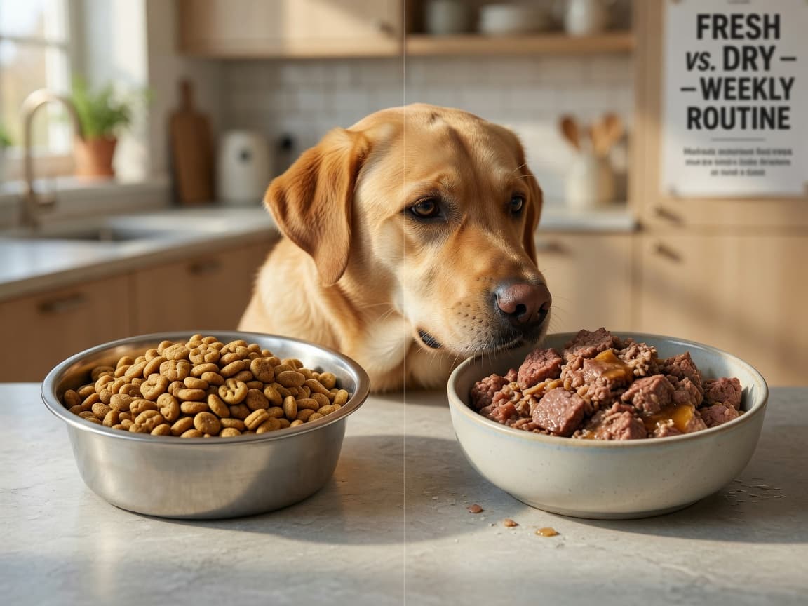 Split-screen view of dry kibble and wet dog food in bowls with a golden Labrador positioned between them