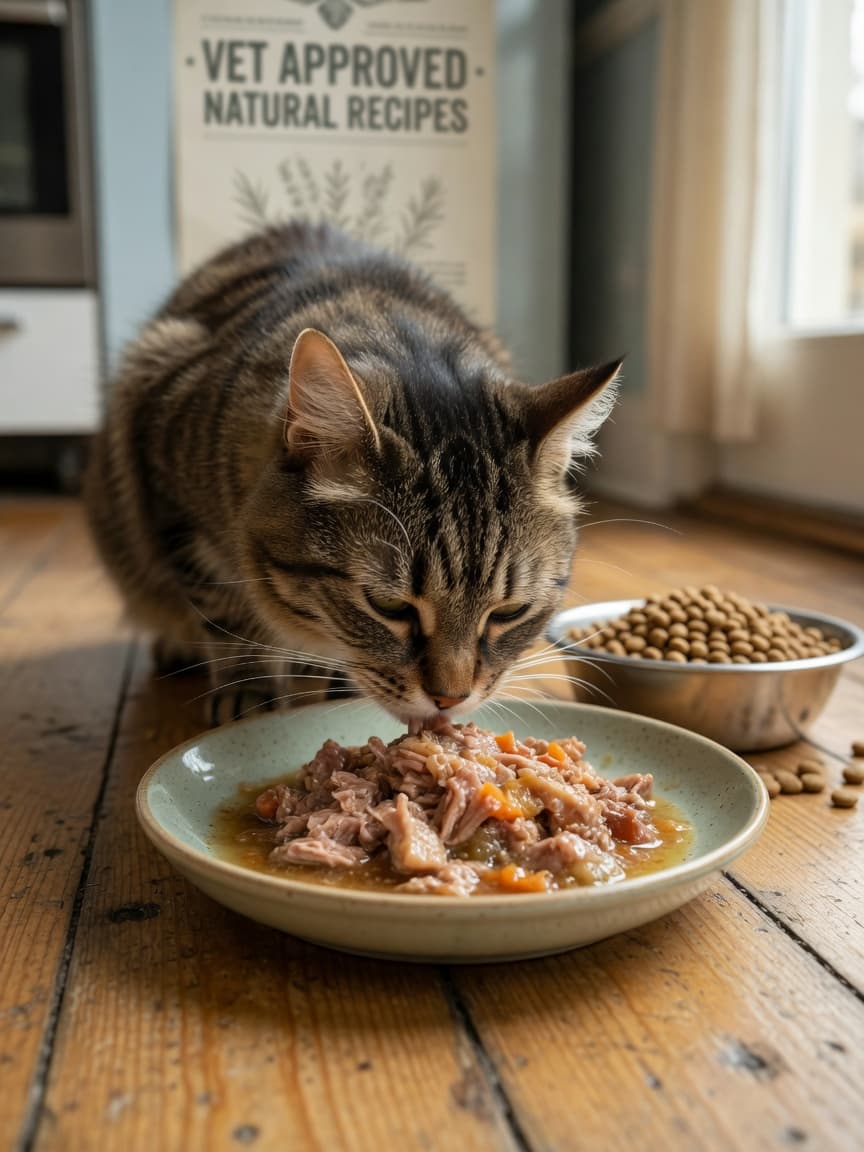 Tabby cat eating wet food from a bowl with dry kibble visible in the background, showing the texture and moisture difference between the two food types