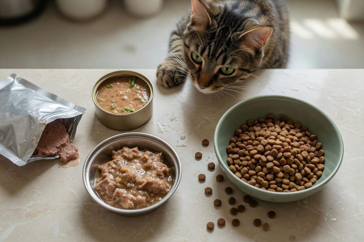 Overhead view of wet and dry cat food options with a tabby cat examining both bowls on a kitchen counter