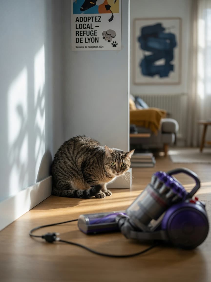 Frightened tabby cat with flattened ears cowering in corner near unplugged vacuum cleaner