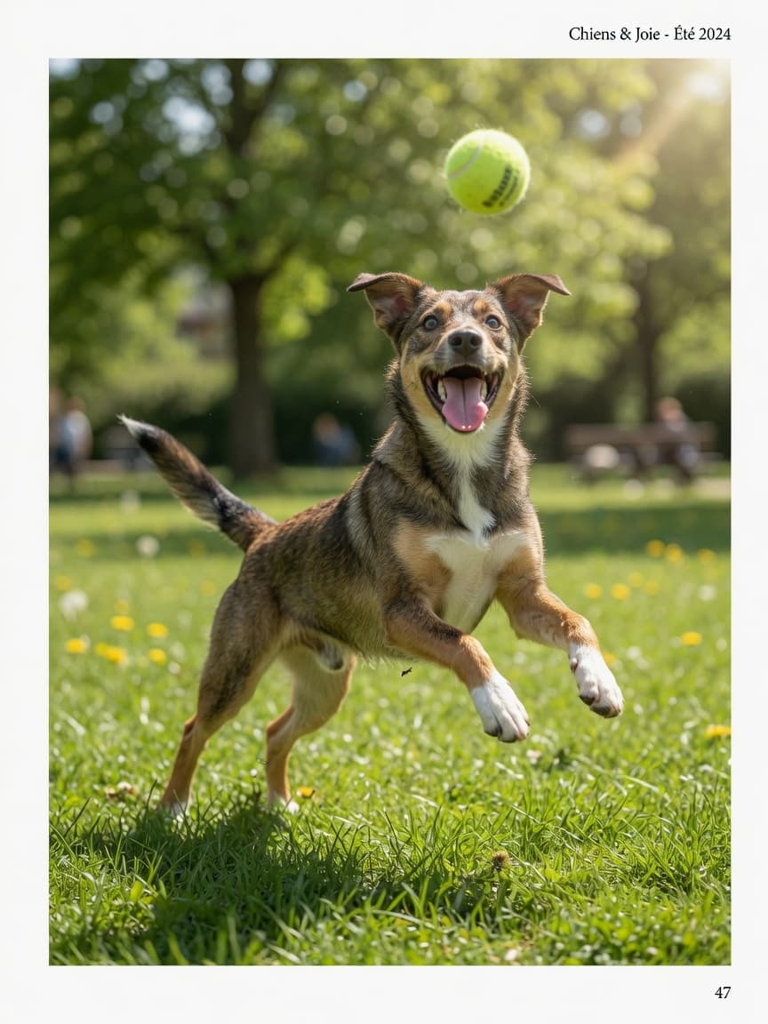 A young dog leaping to catch a tennis ball in a sunny park, captured mid-jump with joyful expression
