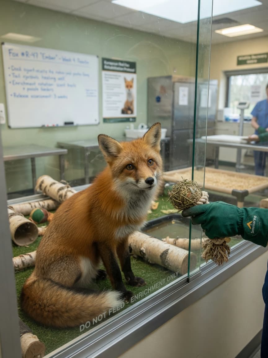 Red fox in rehabilitation enclosure with wildlife caretaker providing care at specialized sanctuary