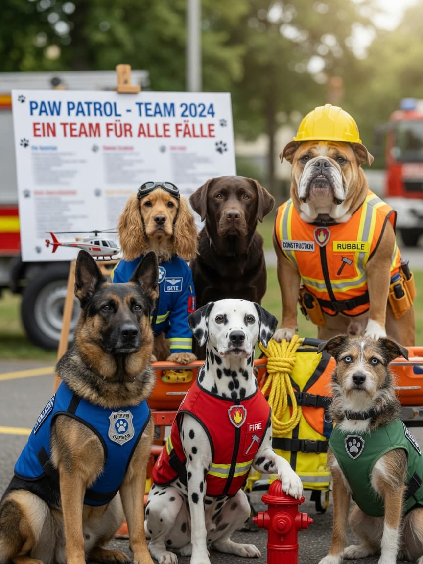Six Paw Patrol character dogs representing their real-world breeds standing together as a team