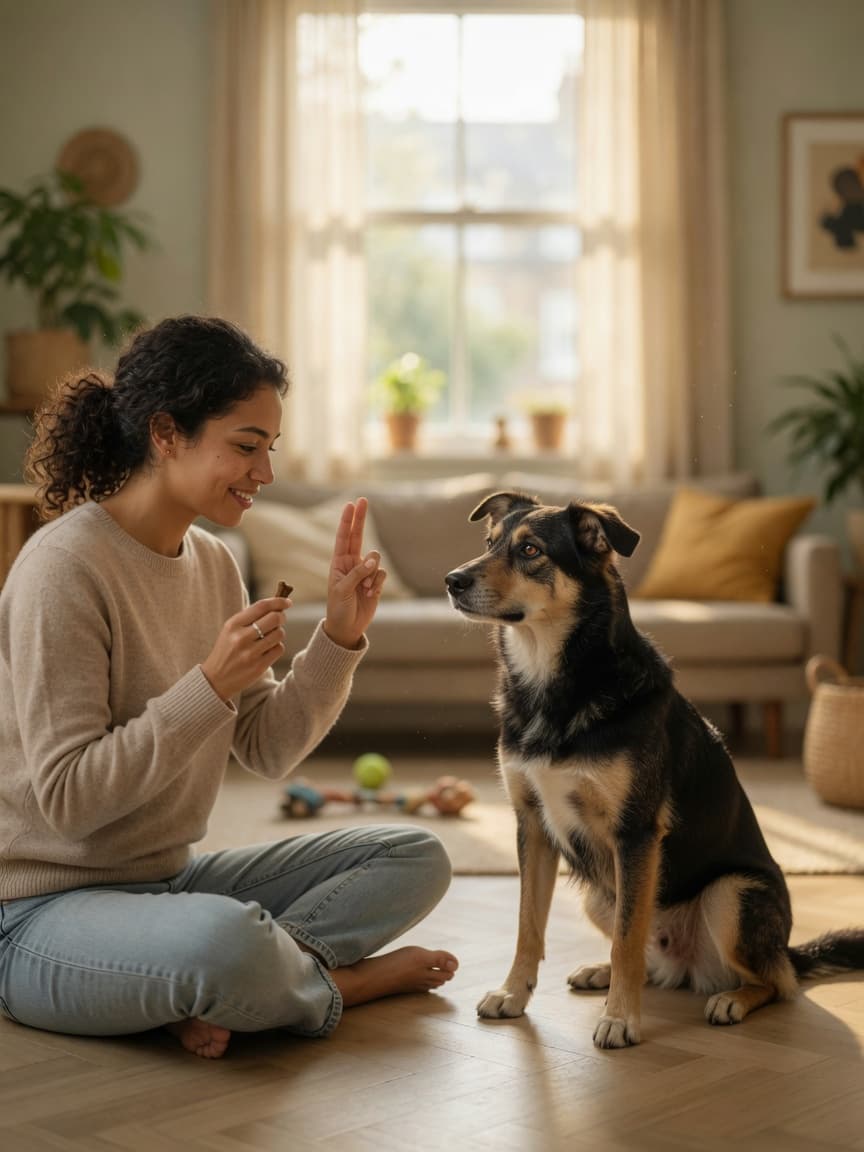 Owner training a dog indoors using positive reinforcement with treats and hand signals