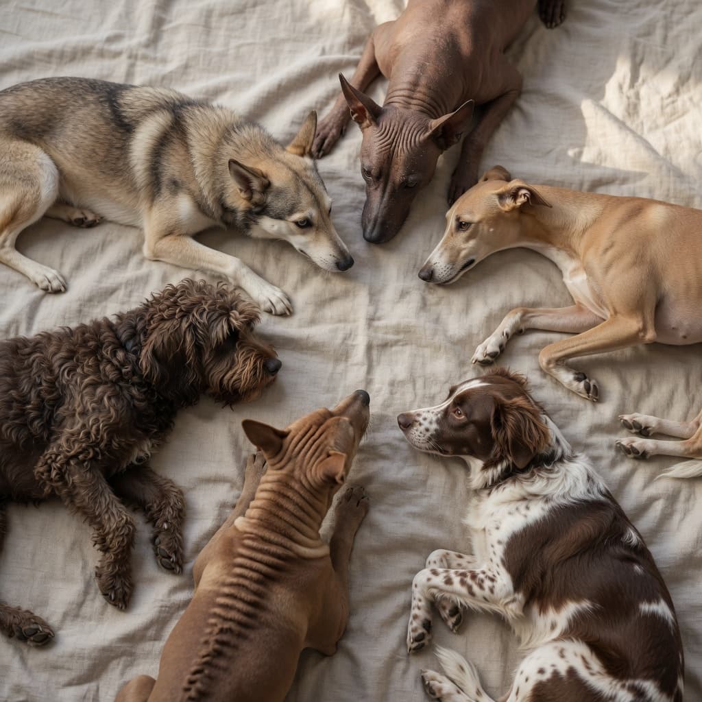 Six rare dog breeds arranged together on a linen background, showcasing diverse coat types and body structures from around the world