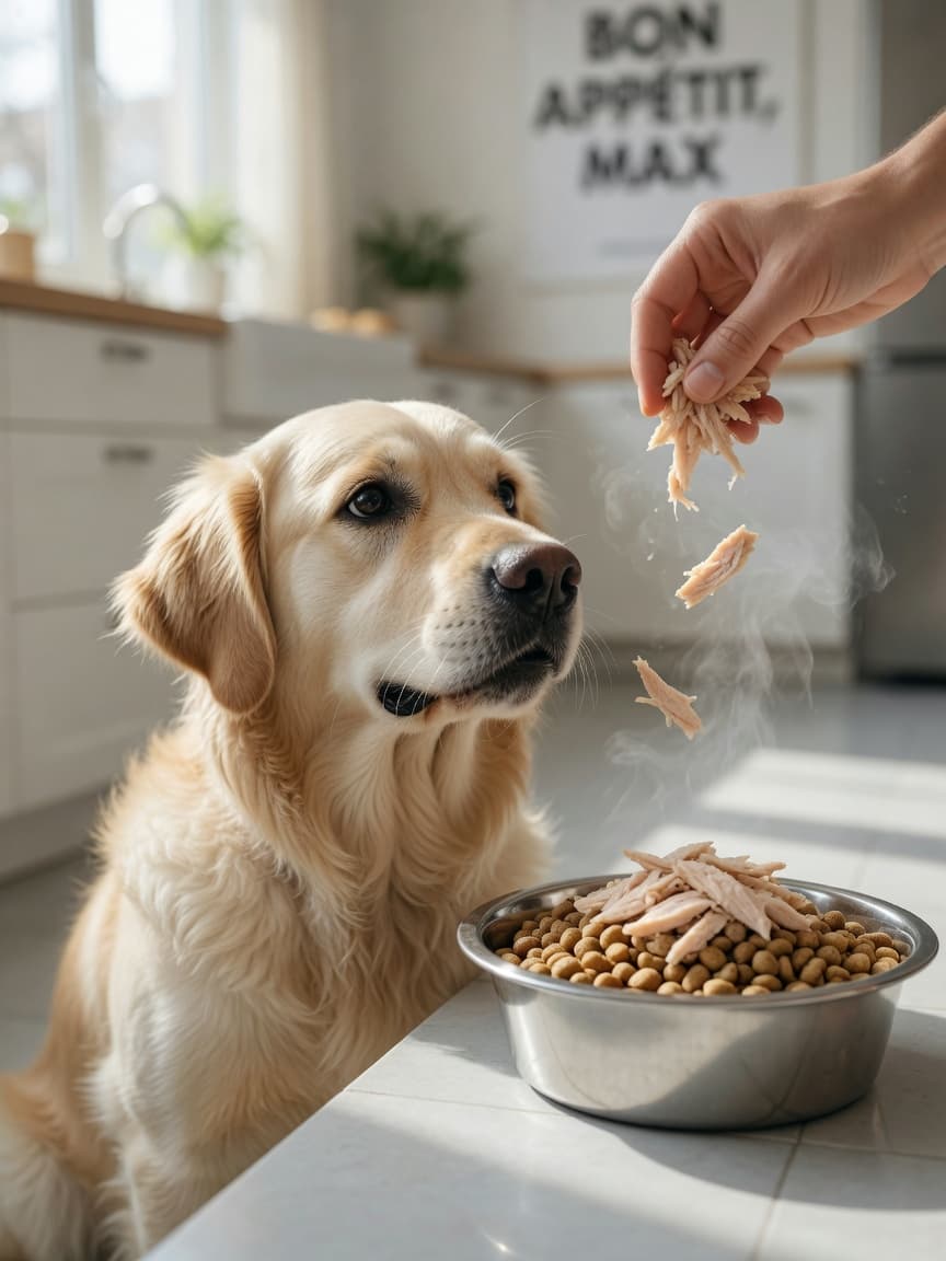 Golden retriever at food bowl as owner adds cooked chicken to dry kibble