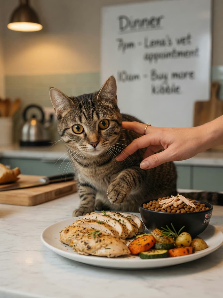 Curious tabby cat at kitchen counter watching owner with plate of cooked chicken and commercial cat food