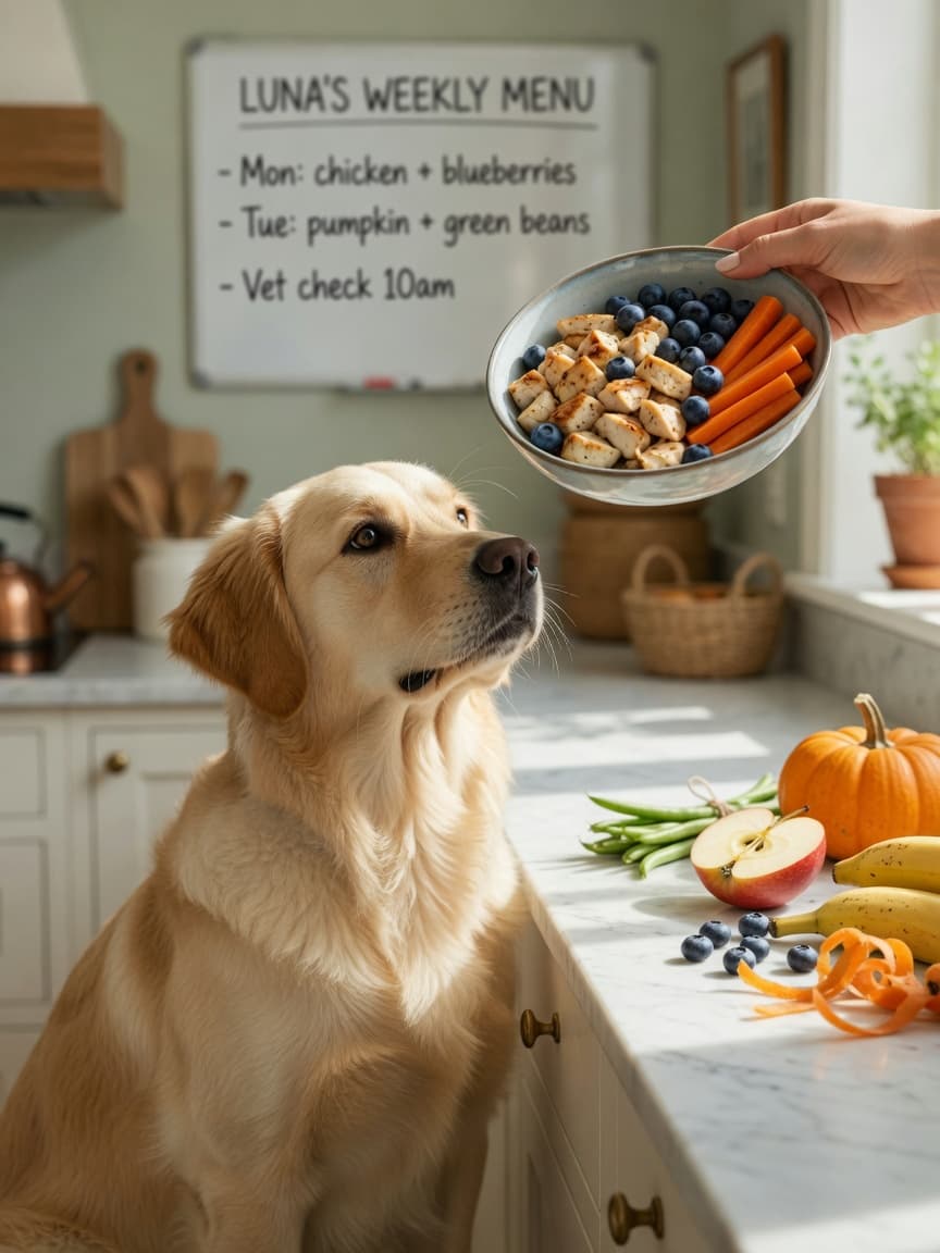 Golden retriever at kitchen counter watching owner prepare safe human foods including chicken, carrots, blueberries, and vegetables