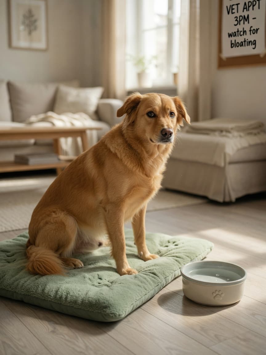A golden dog sitting uncomfortably indoors with a water bowl nearby, illustrating canine constipation and hydration