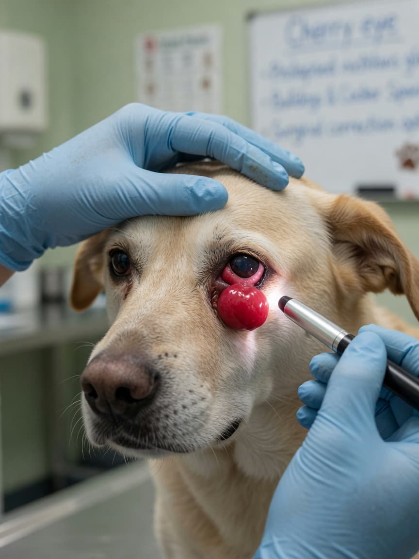 Veterinarian examining a dog's eye to diagnose cherry eye condition, showing the red swollen tissue at the inner corner of the eye