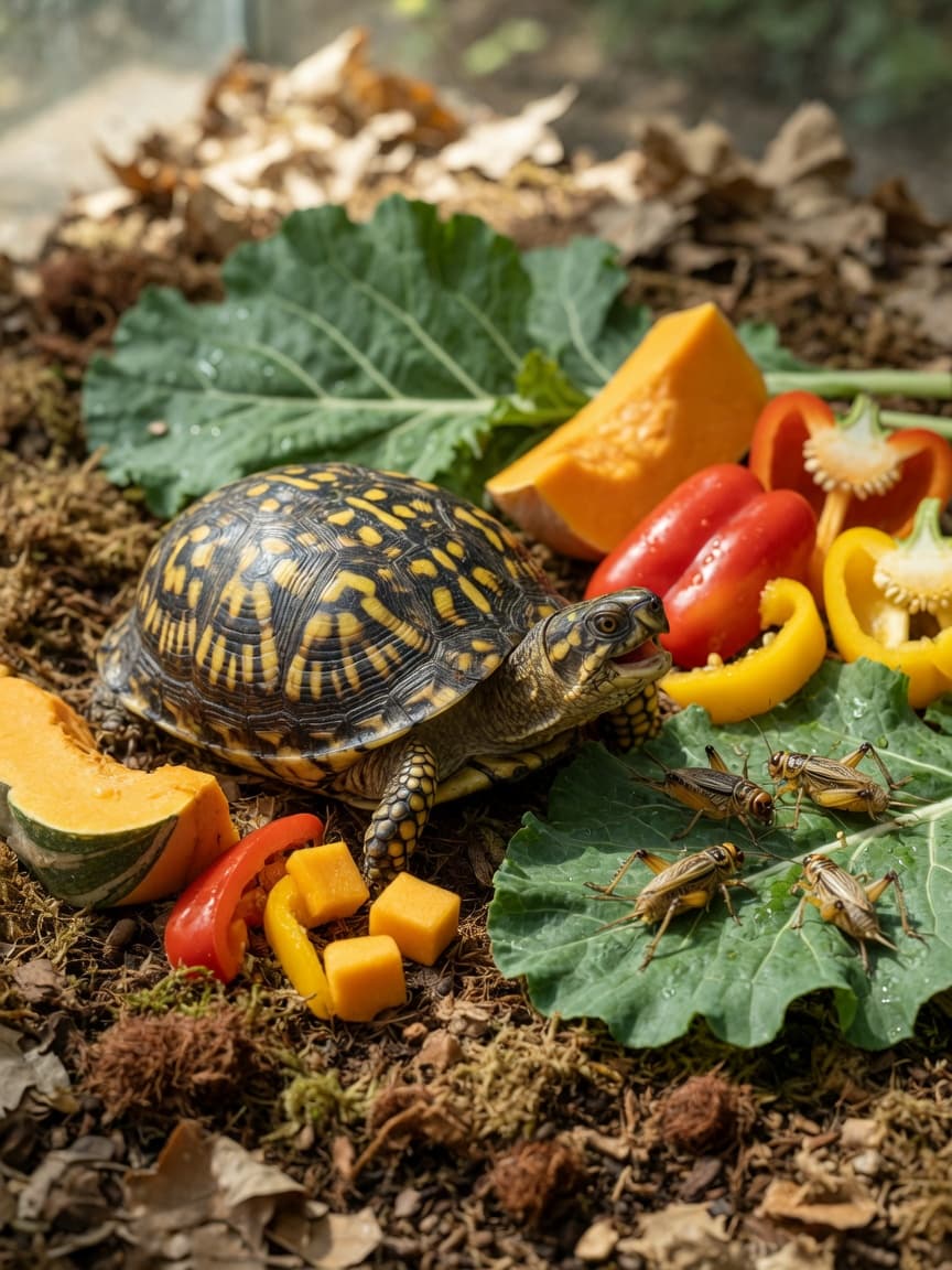 A box turtle with vibrant shell pattern reaching toward fresh vegetables and crickets on natural substrate.