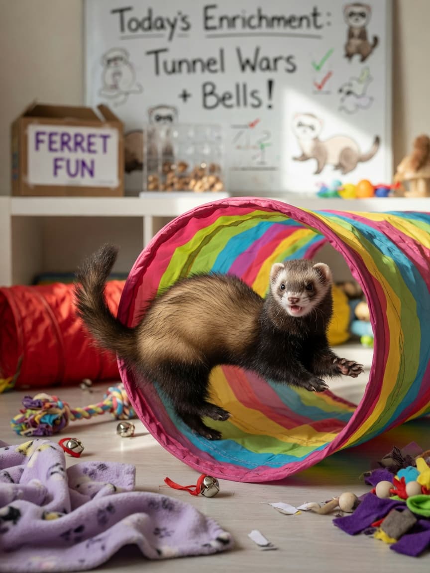 A playful sable ferret mid-leap inside a fabric tunnel, demonstrating the characteristic bouncy weasel war dance in a bright playroom setting