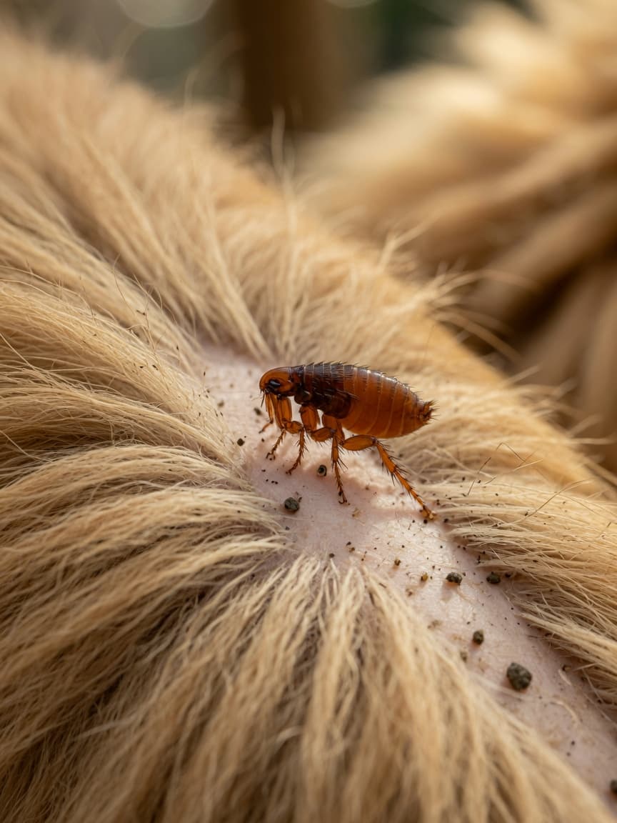 Macro close-up of a reddish-brown flea on dog fur with visible flea dirt specks