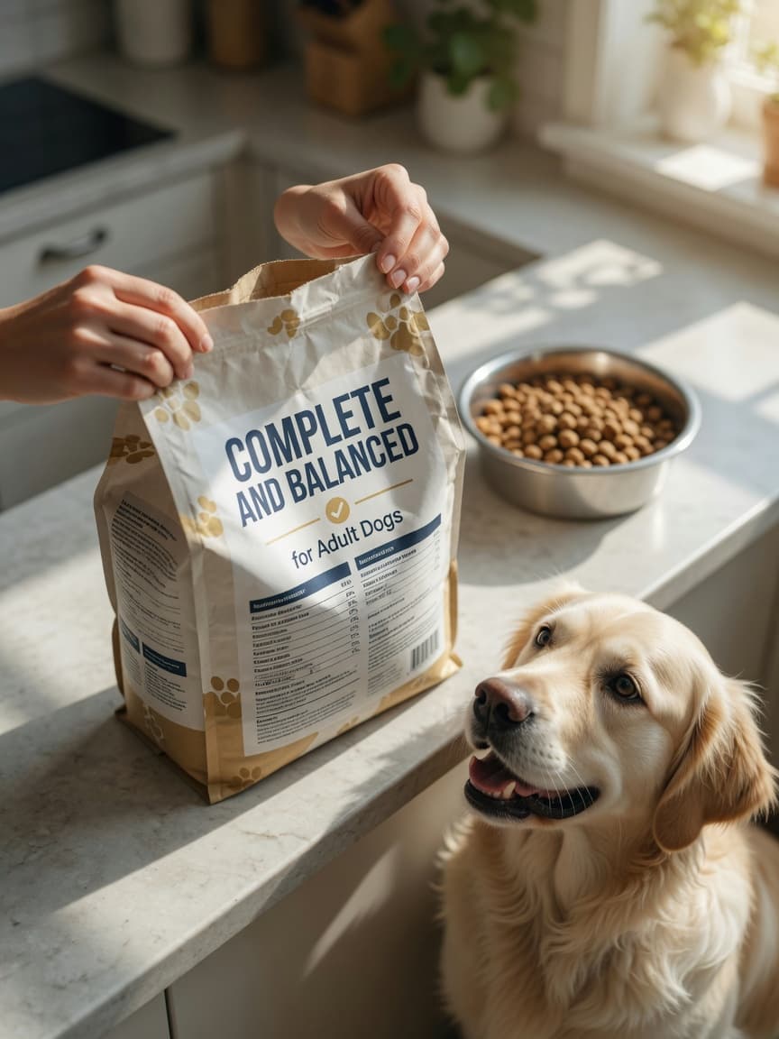 Dog food bag with Complete and Balanced label on kitchen counter next to metal bowl with kibble, golden retriever watching attentively