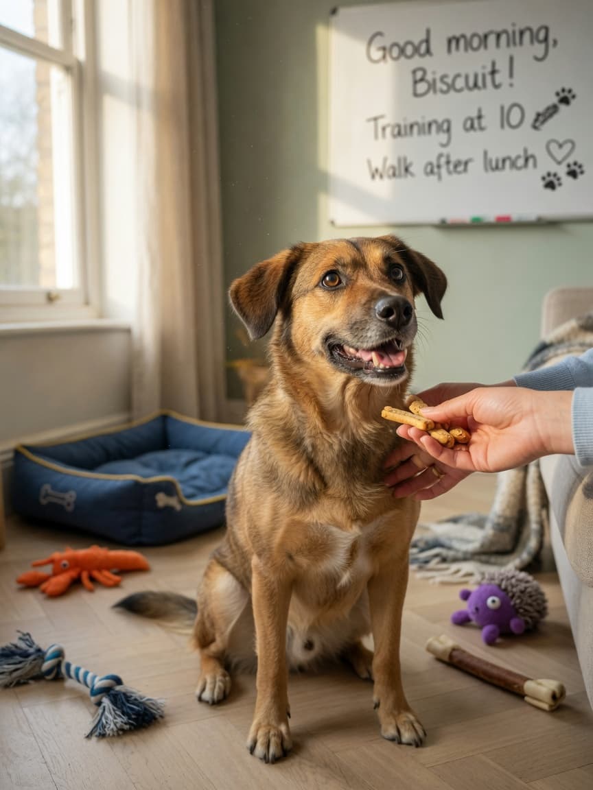 A dog receiving treats and affection from their owner's hand during a joyful interaction in a home setting with toys and a dog bed nearby