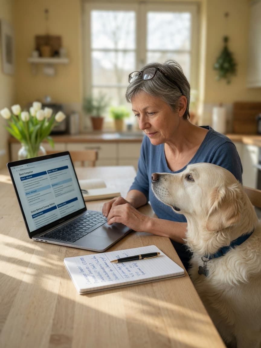 Dog owner reviewing pet insurance options at home with their golden retriever beside them