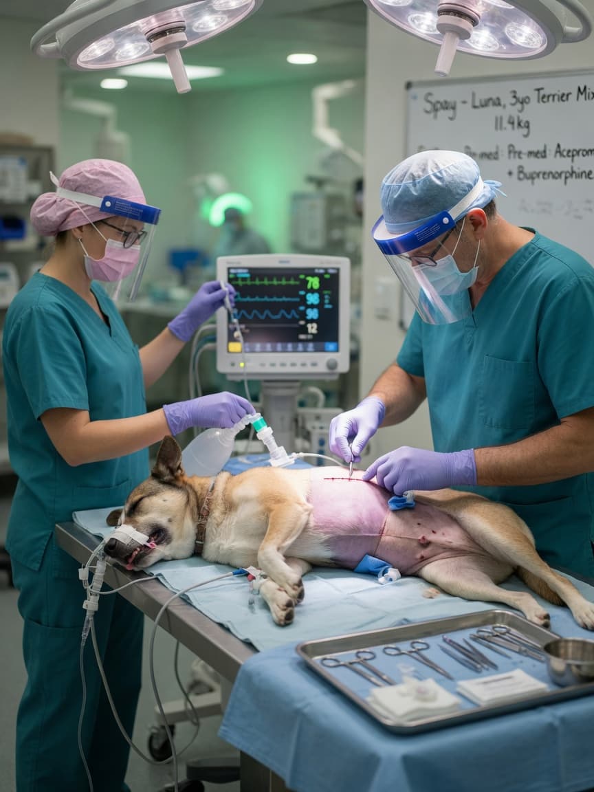Veterinary surgeon performing a spay operation on a dog under surgical lights in an operating room