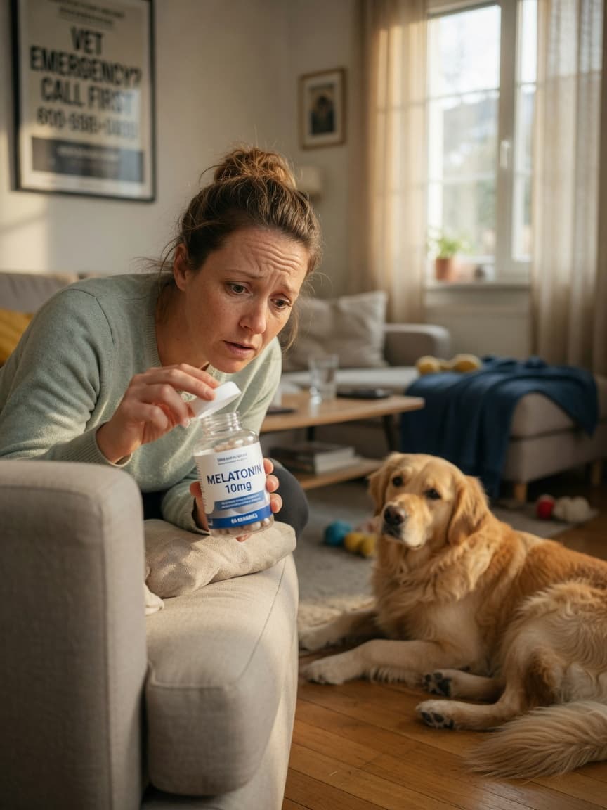 Dog owner holding melatonin bottle with concerned expression while dog rests on floor at home