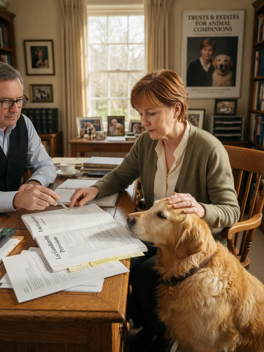 Dog owner and solicitor reviewing a will with the owner's golden retriever resting beside them in warm natural light