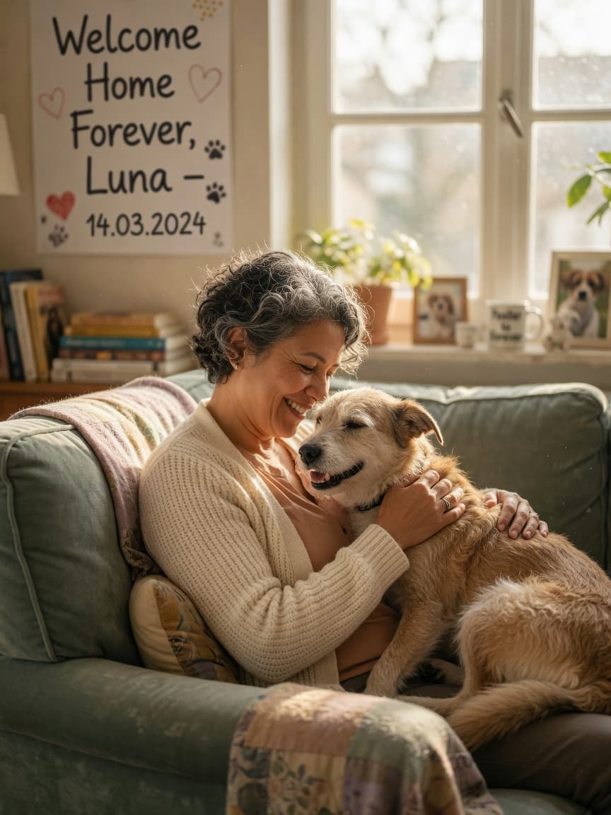 Foster carer and rescued dog bonding on sofa in warm natural light, showing emotional connection and contentment