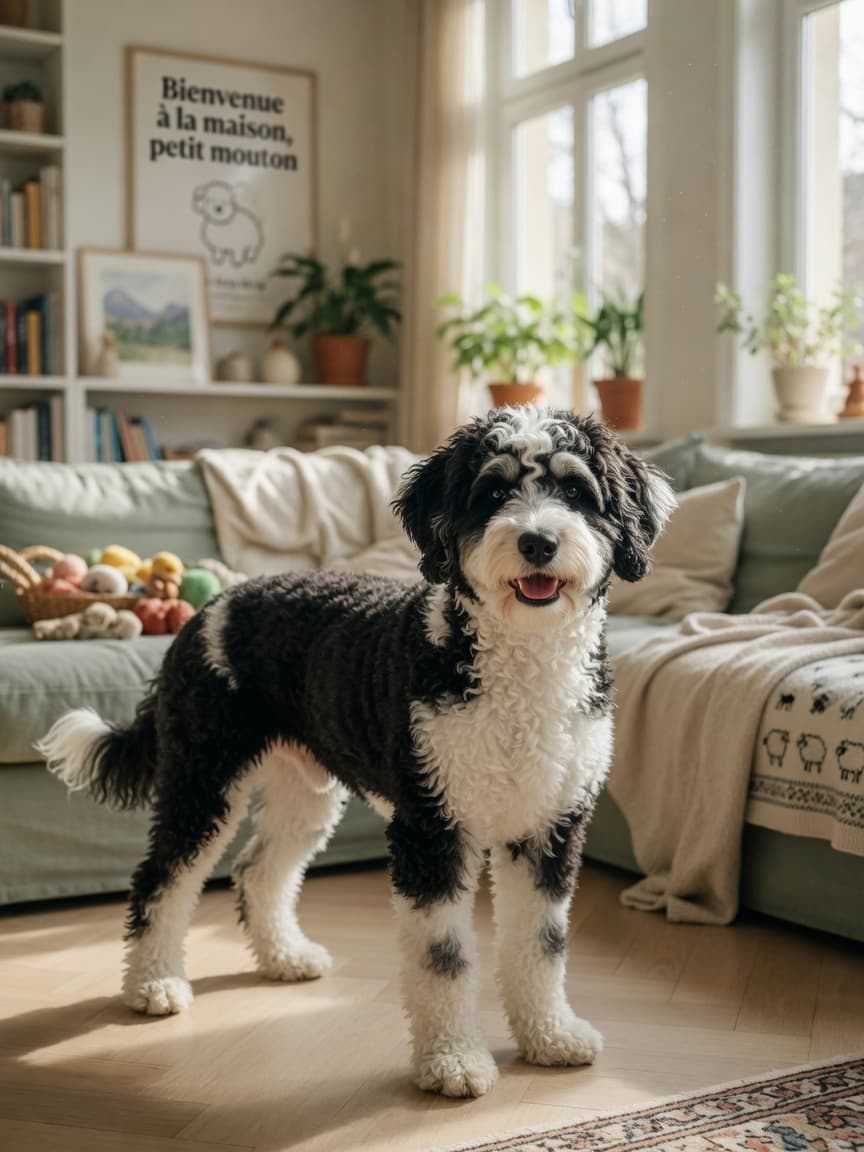 Mini Sheepadoodle with black and white fluffy coat standing in a sunlit living room showing its friendly, intelligent expression