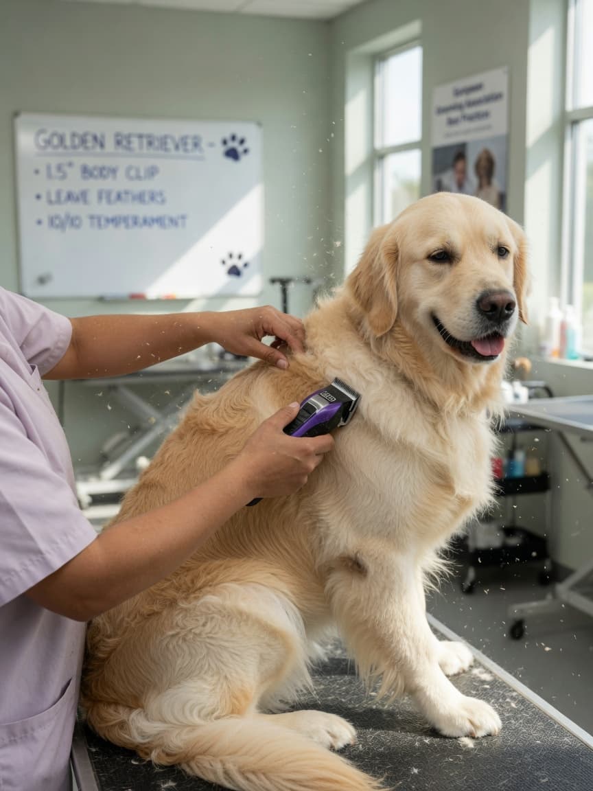 Professional groomer using electric clippers to trim a Golden Retriever's coat to short, uniform length during a puppy cut grooming session