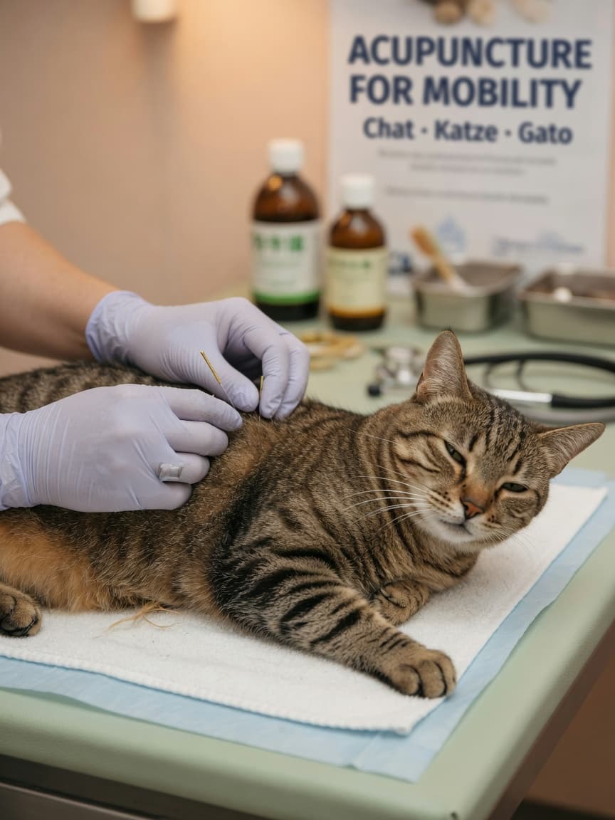 Veterinarian performing acupuncture on a relaxed tabby cat during a treatment session