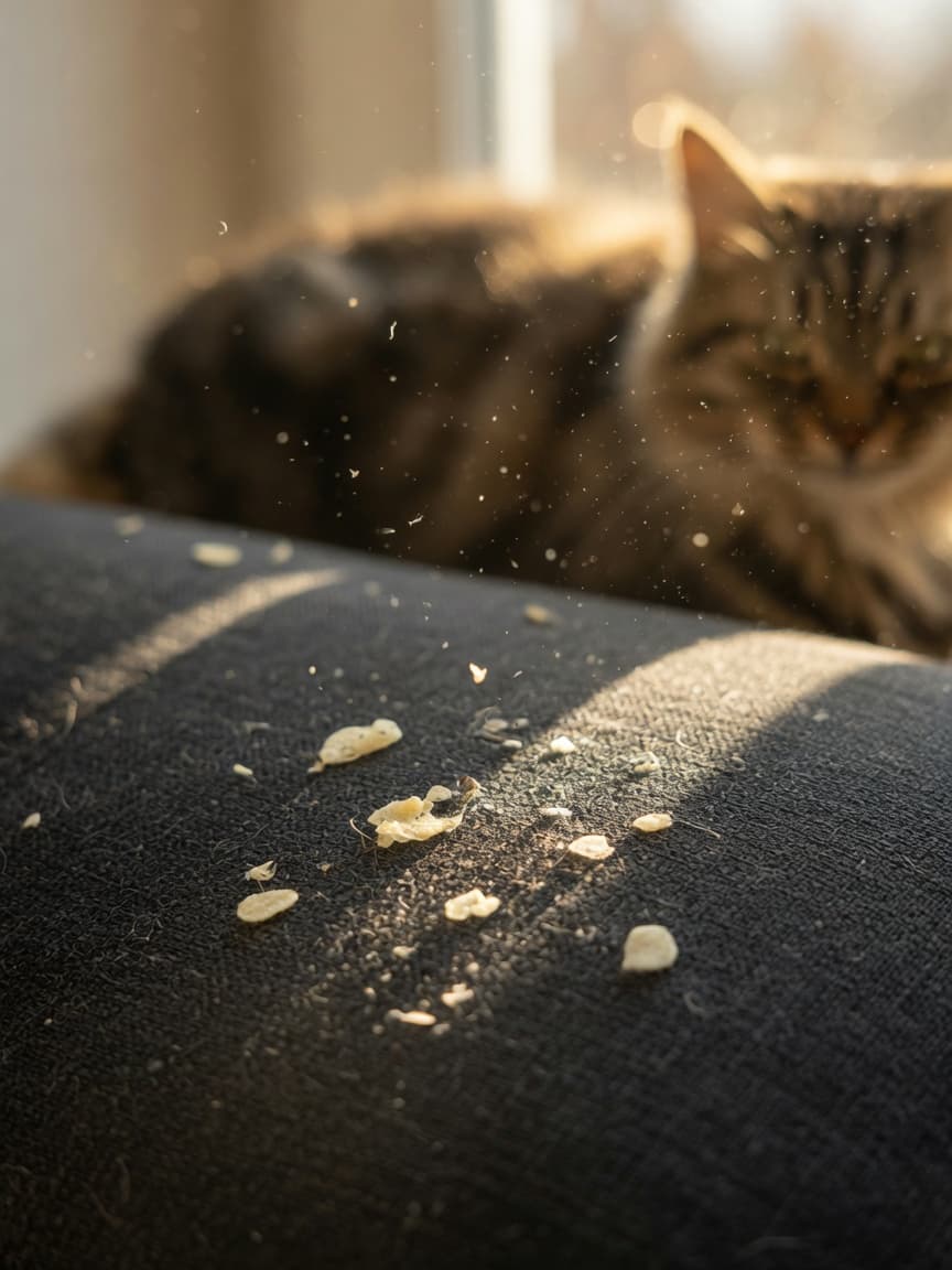 Macro close-up of fine white cat dander particles visible on dark furniture in sunlight