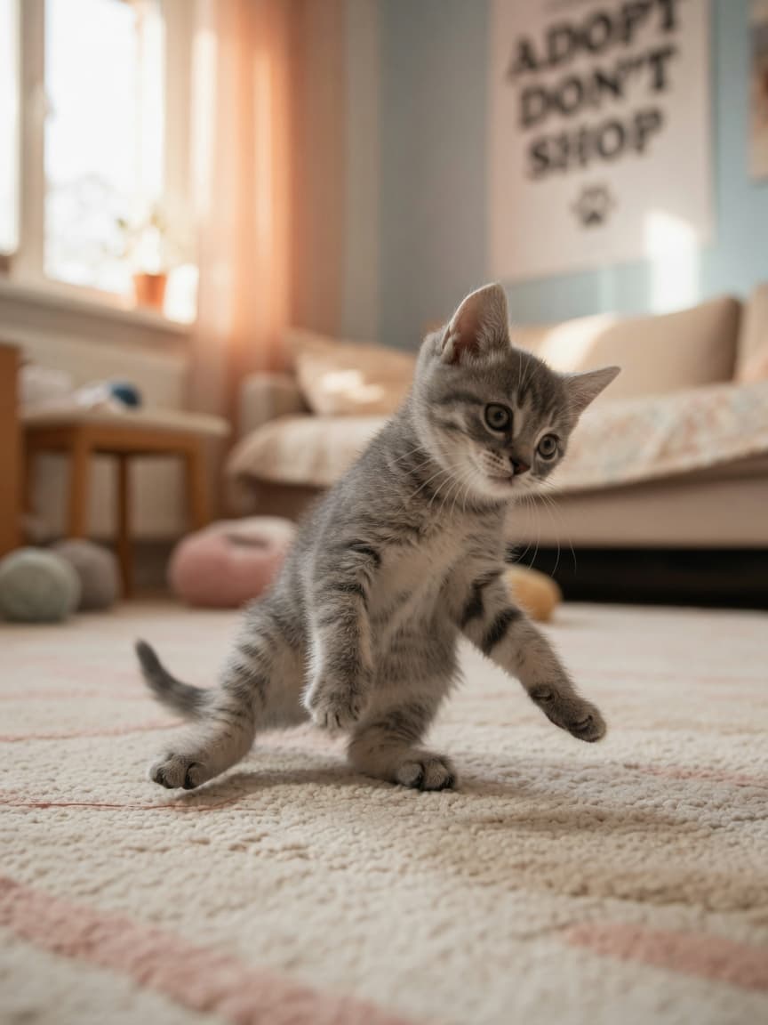 A young kitten with an unsteady, swaying gait on a soft carpet, demonstrating coordination difficulties characteristic of cerebellar hypoplasia