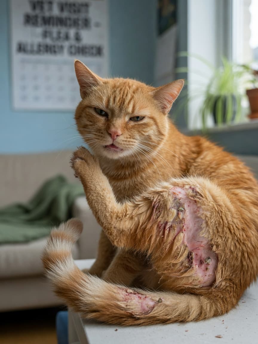 Orange tabby cat scratching at inflamed, patchy skin on its lower back showing signs of flea allergy dermatitis