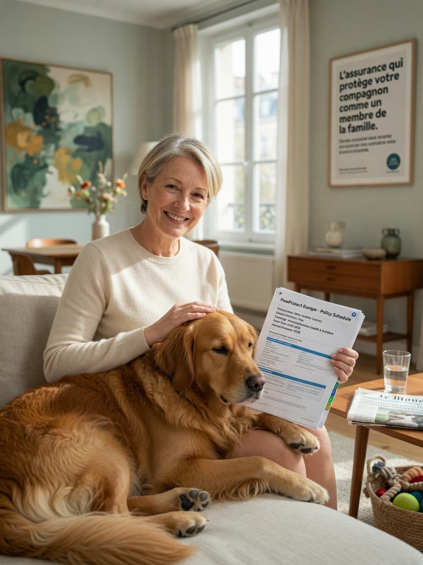 Woman and golden retriever together reviewing pet insurance, bathed in warm sunlight symbolizing financial peace of mind