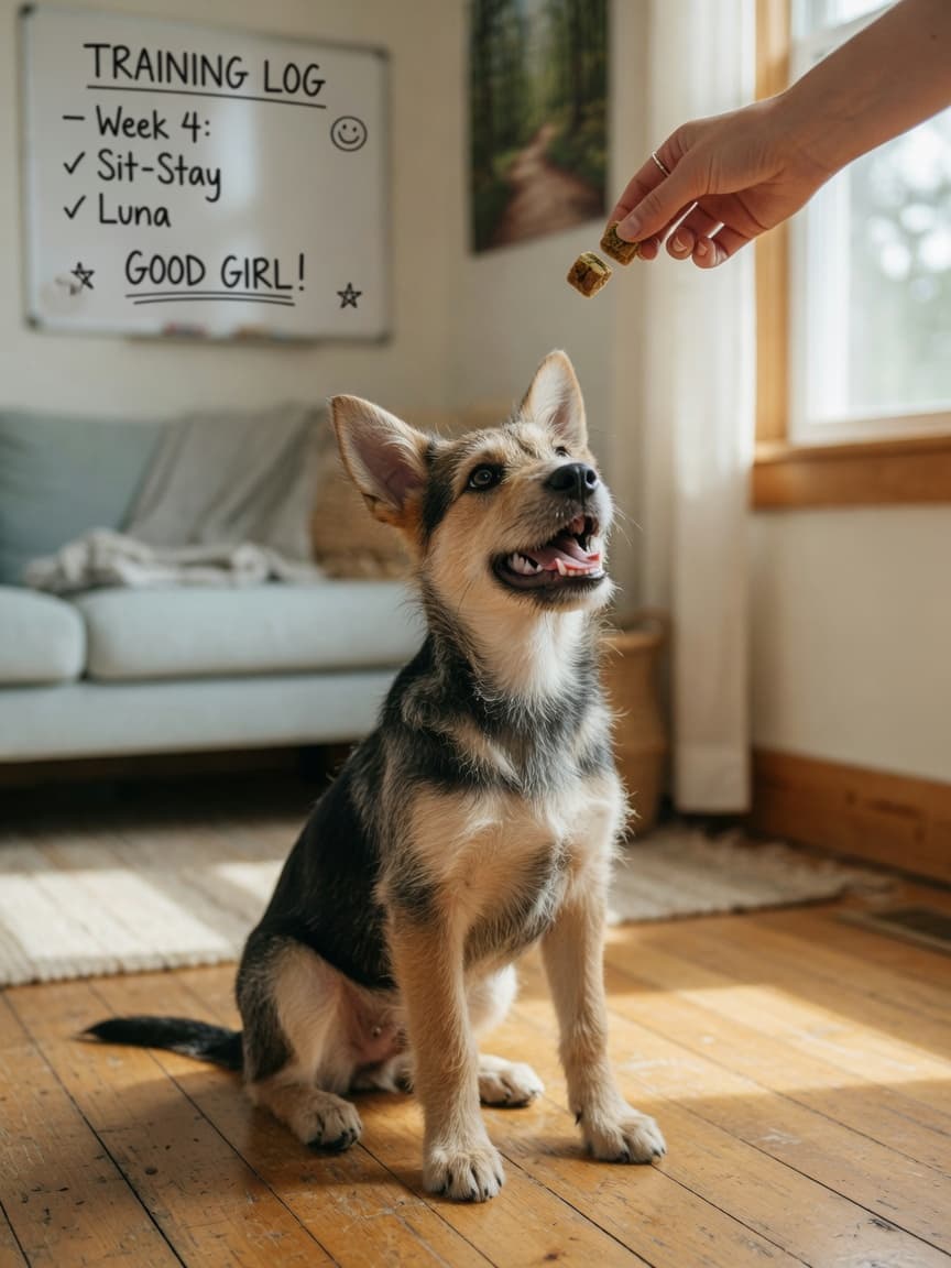 Owner's hand rewarding a dog's sit with a training treat, capturing the moment of positive reinforcement training.