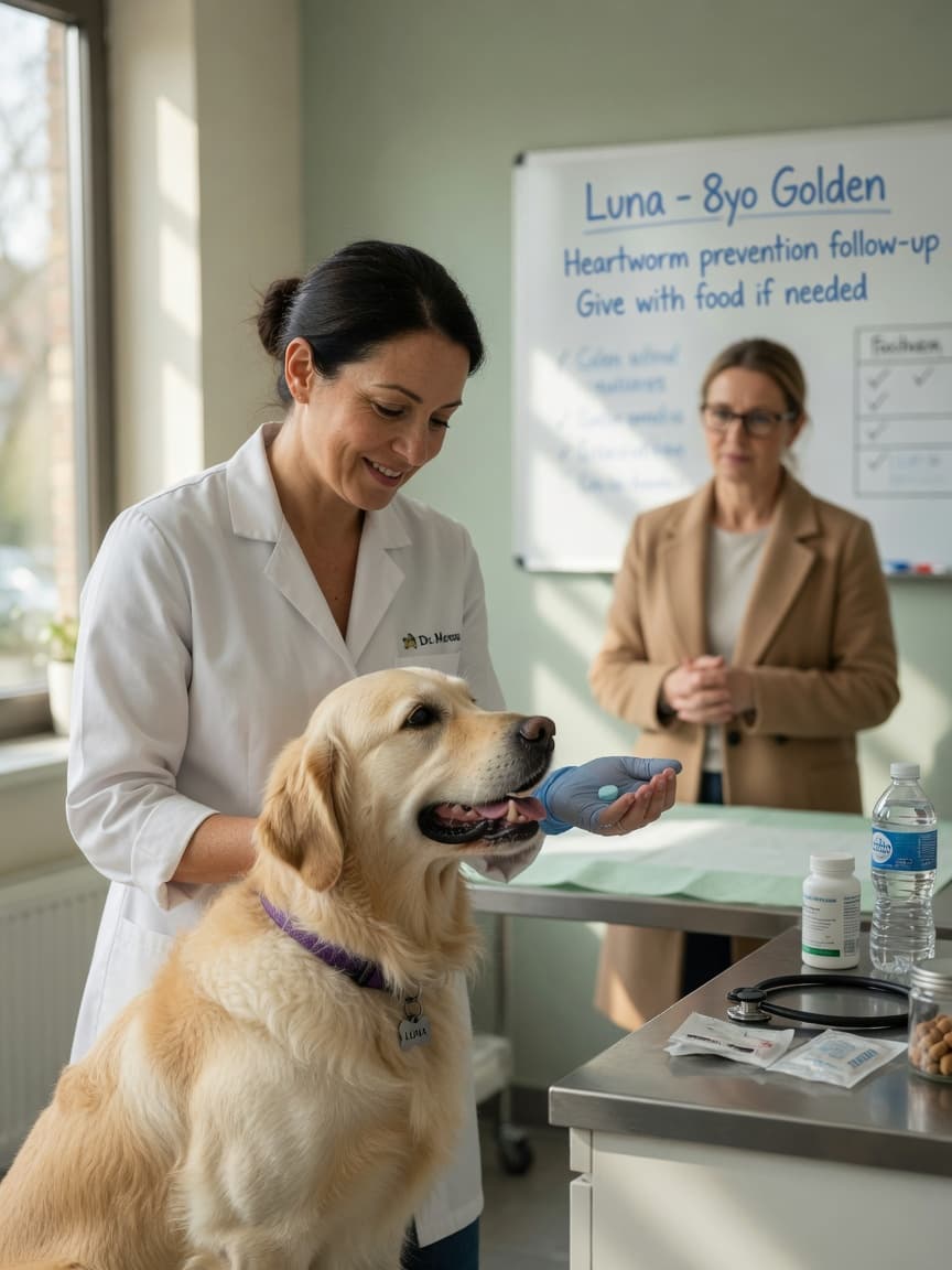 Veterinarian administering a prednisone tablet to a golden retriever during a clinic visit