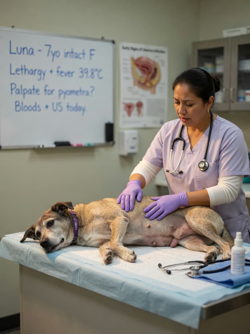 Veterinarian examining an unwell intact female dog on a medical table during urgent examination