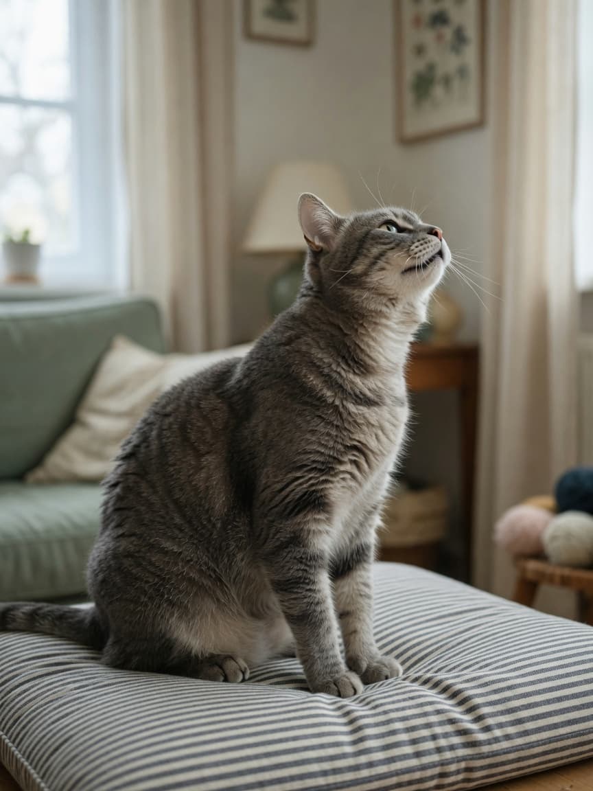 Cat experiencing reverse sneezing with extended neck and open mouth during involuntary inhalation spasm