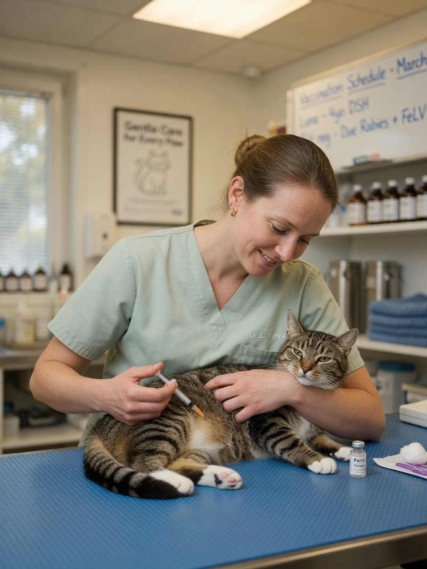 Veterinarian administering vaccination injection to adult cat during routine health appointment