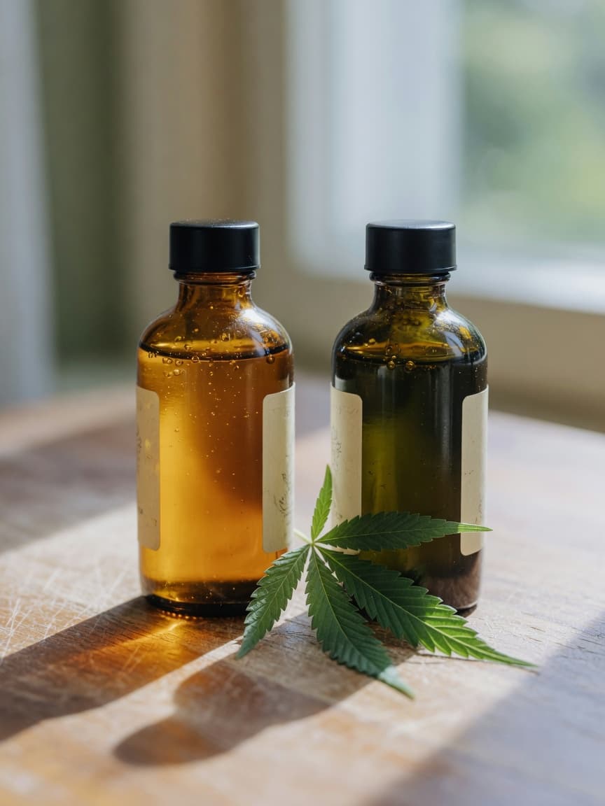 Two amber glass bottles of hemp seed oil and CBD oil side by side with a hemp leaf between them on a wooden surface