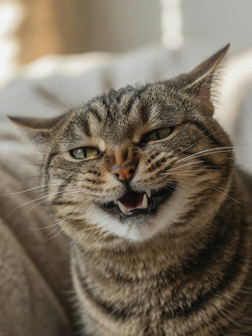 Adult tabby cat displaying the flehmen response with curled upper lip and slightly open mouth