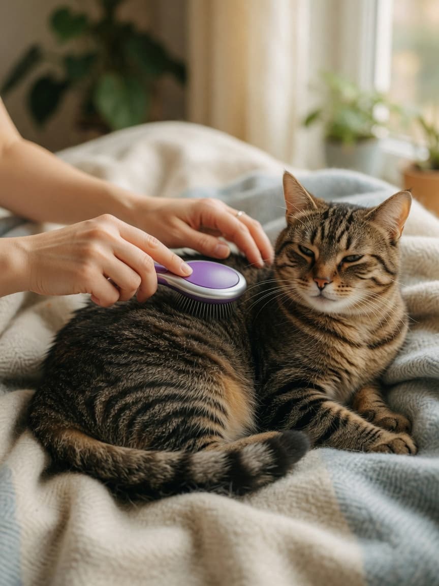 Cat owner brushing a tabby cat with proper technique using a slicker brush