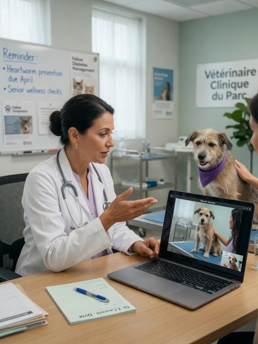 Veterinarian conducting online video consultation with pet owner while examining a dog in modern clinic