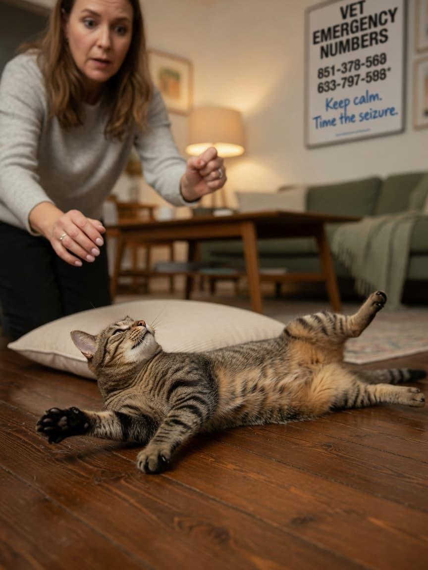 A tabby cat experiencing a seizure on a hardwood floor with muscle contractions, owner's hands nearby but not restraining the animal