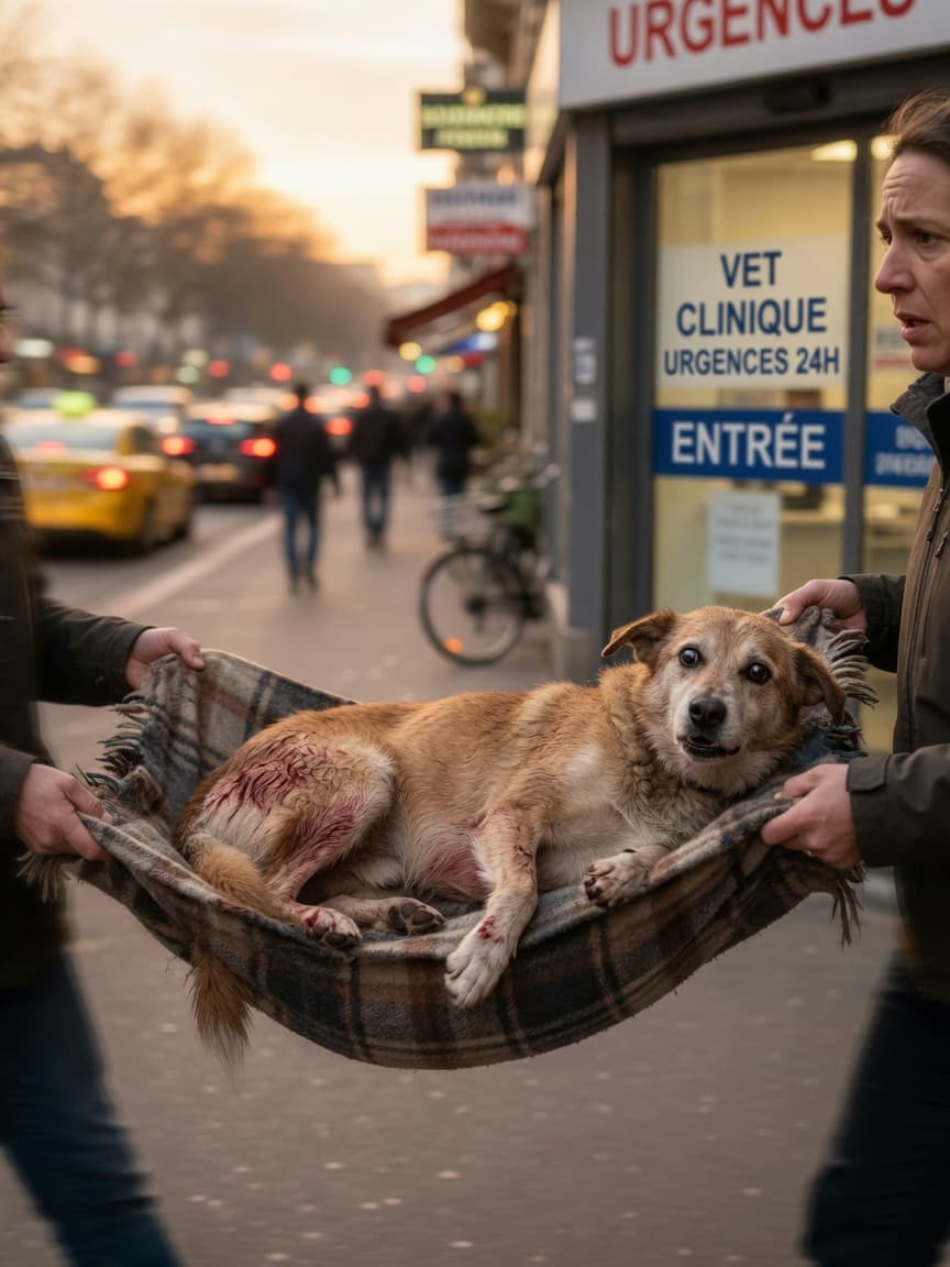 An injured dog being carefully transported on a blanket stretcher by an owner toward emergency veterinary care